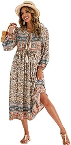 R.Vivimos Women's Long Sleeve Floral Print Retro V Neck Tassel Bohemian Midi Dresses, Size L