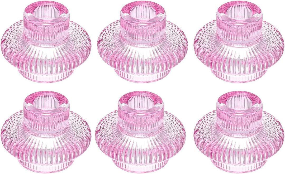 PATIKIL 6 Pcs Glass Candle Holder, Taper Candle Holder Stand Clear Glass for Table Centerpiece Decor Wedding Dinner Party, Pink