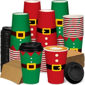 Zhehao 90 Pcs/30 Sets Christmas Paper Coffee Cups with Lids and Sleeves Disposable Hot Cocoa Party Paper Cups for Hot Chocolate Accessories (Cloths,16 oz)