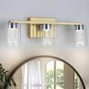 3-Light Bathroom Light Fixtures, Brushed Gold Dimmable Vanity Light with Clear Glass Shade, Crystal LED Bathroom Lights Over Mirror for Bedroom, Living Room, Hallway, Farmhouse (Gold (3-Light))
