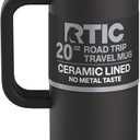 RTIC 20oz Road Trip Travel Mug with Lid and Handle, Ceramic Lined, Insulated, Stainless Steel, Metal, Double Wall Vacuum-Insulation, Portable Coffee, Tea Cup for Hot and Cold Drink, Black