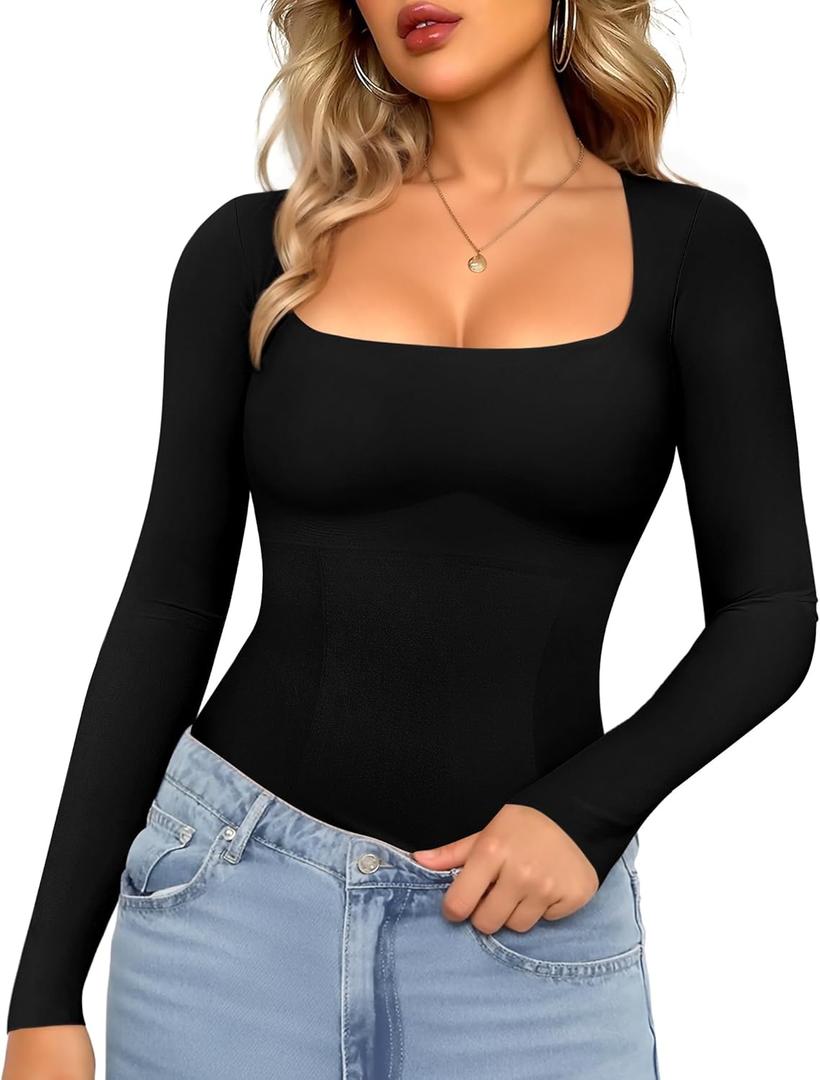 LODAY Tummy Control Shapewear Tank Top Square Neck Long Sleeve Top Slimming Body Shaper Compression Tanks for Women (Medium, Black)