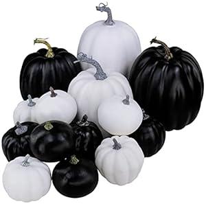 Winlyn 14 Pcs Assorted Sizes Artificial Black and White Pumpkins Decorative Pumpkins Foam Pumpkins Faux Halloween Pumpkins for Gifts Fall Halloween Table Centerpiece Mantel Decor DIY Craft Project