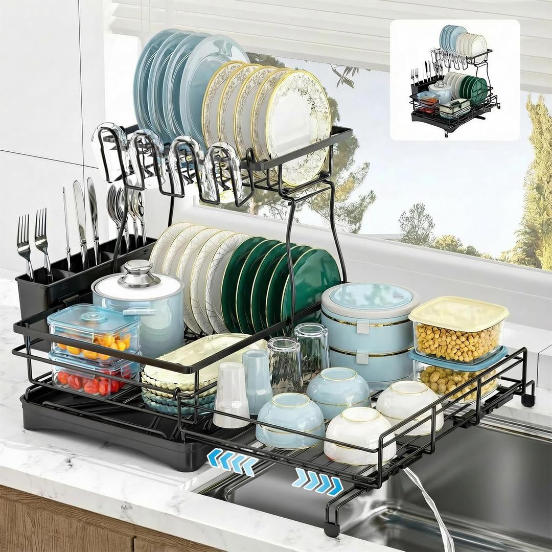 2 Tier Dish Drying Rack, Large Extendable Dish Racks for Kitchen Counter or Over Sink, Dishrack with Drainboard, 2-in-1 Anti-Rust Stainless Steel Dish Drainer with Utensil Holder & Cup Holder (Black)