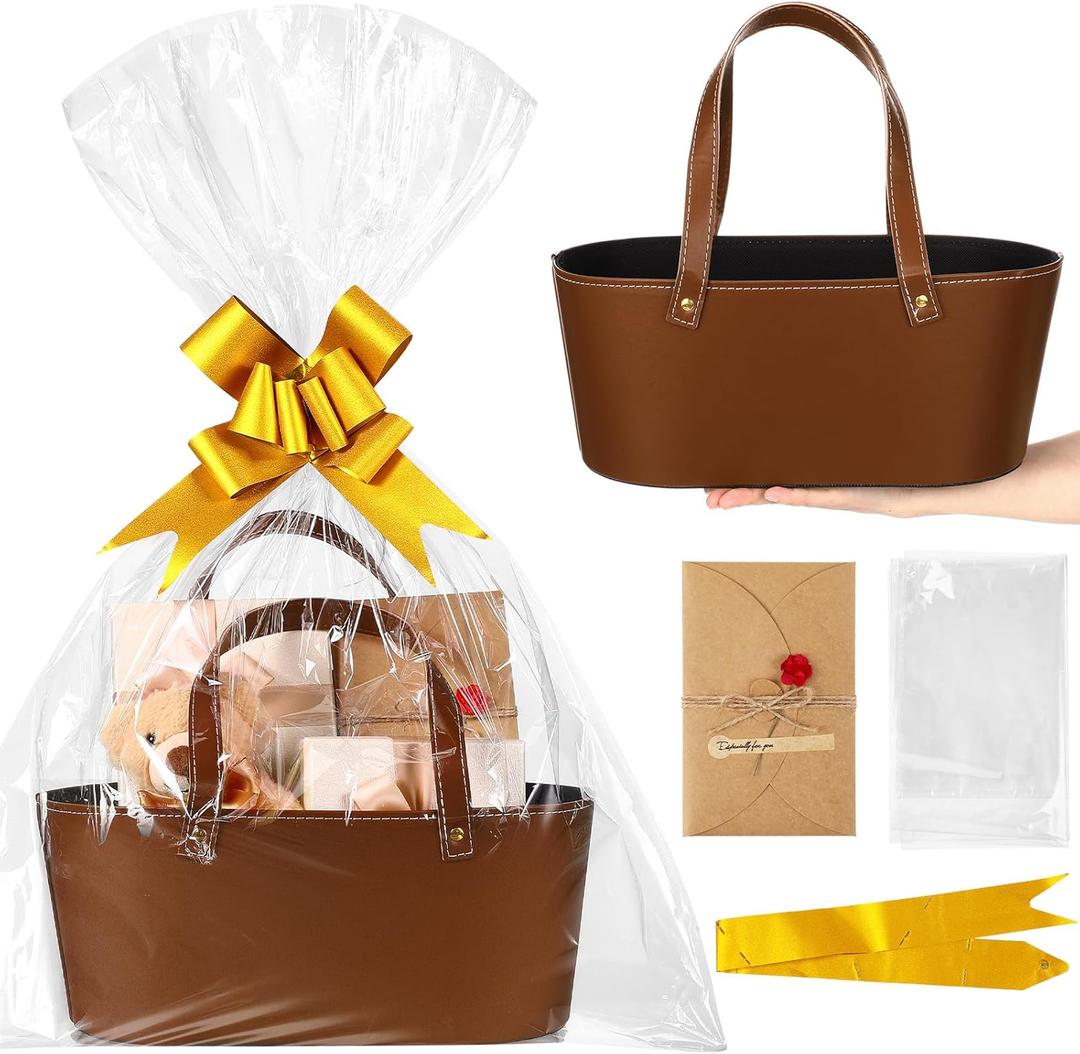 Wonderjune Leather Empty Gift Basket with Gift Bags Ribbons Greeting Cards Large Small Empty Basket Bag with Handle for Mother's Day, Birthday,easter, Housewarming Gift(Brown,Small)