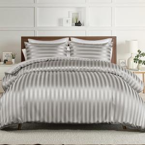 Whale Flotilla 3-Piece Reversible Silky Soft Queen Comforter Set, Luxury Stripe Satin Comforters Full Size Bedding Set with 2 Satin Pillowcases, Lightweight Duvet for All Seasons, Grey