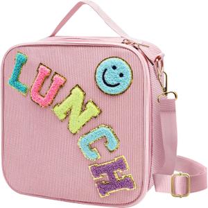 Insulated Lunch Bag With Adjustable Shoulder Strap, Cute Corduroy Preppy Lunch Box Large Insulated Lunch Bag Reusable Lunch Tote Bag with Smiley Preppy LunchBag for Girls School Travel Picnic (Pink)
