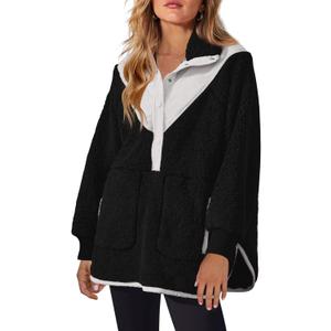 Panadila Womens Half Snap Fleece Pullover Oversized Fuzzy Sweatshirt with Pockets Trendy Warm Sherpa Sweater (Medium, Black)