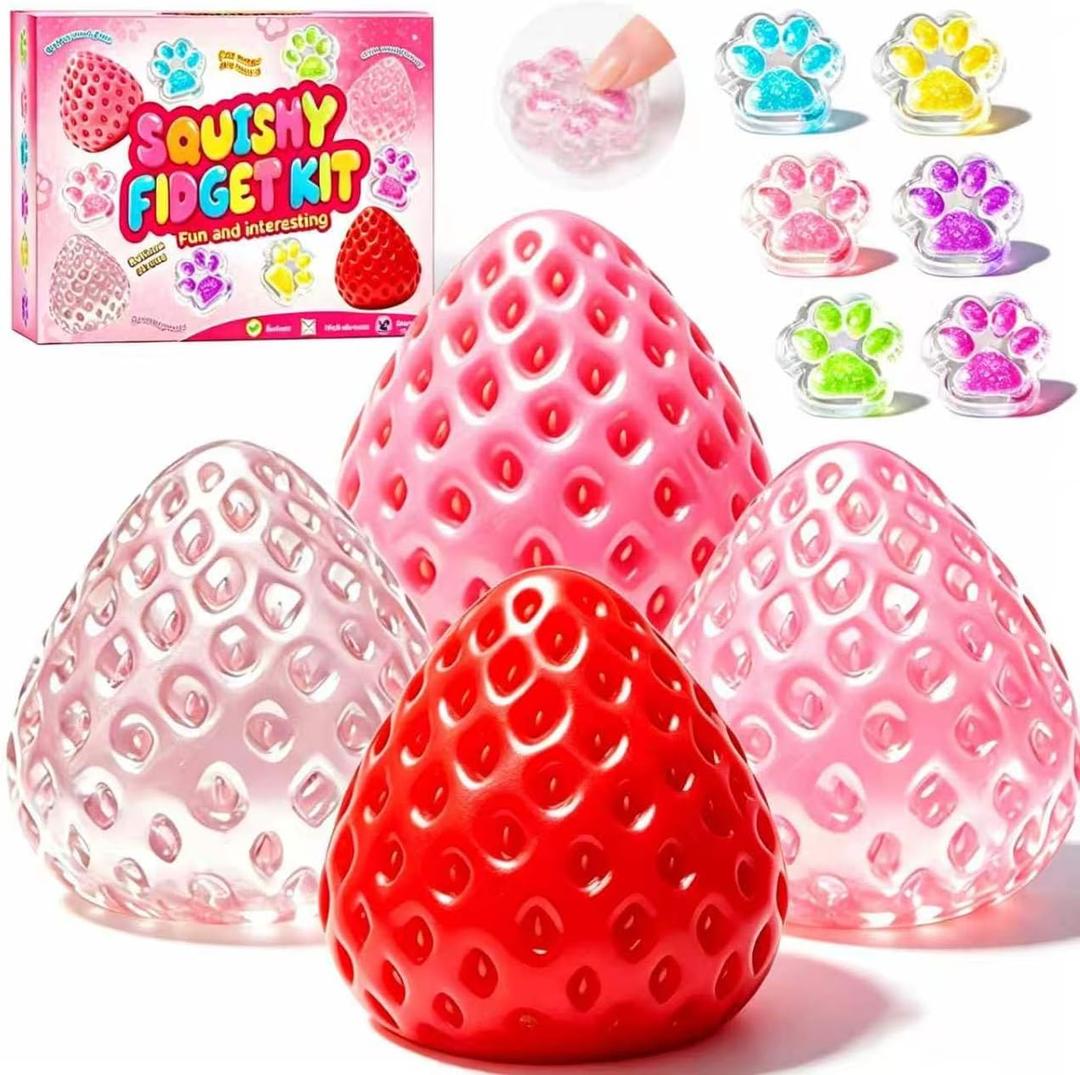 4 x Taba Squishy Fun Box Toys Kit - Strawberry and Cat Paw Squeezee Fidget Toys Pack Set, Party Favors for Kids 4-8 8-12, Sensory Toys Birthday Xmas Gifts