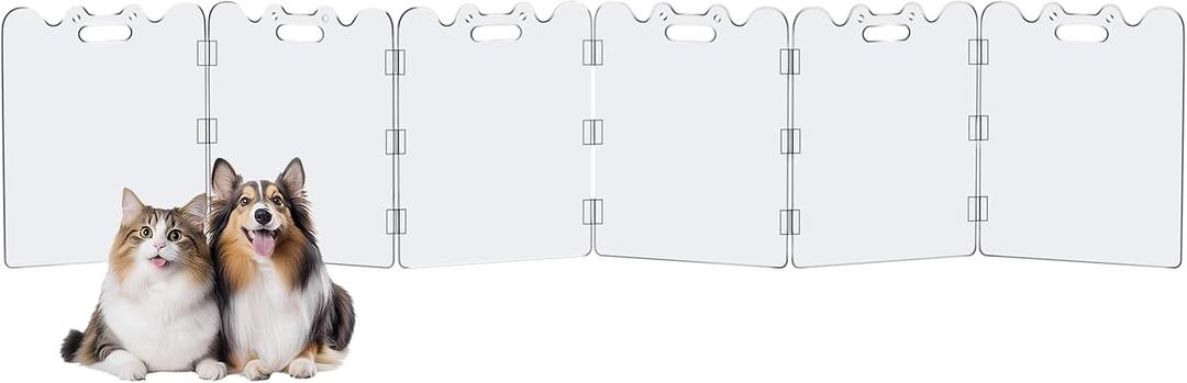 Clear Acrylic Pet Gate - 6 Panel118" Width White, Indoor/Outdoor Use Foldable FreeStanding Puppy Gates for Dogs & Guinea Pigs, Doorway Stairs Barrier with Transparent Panels