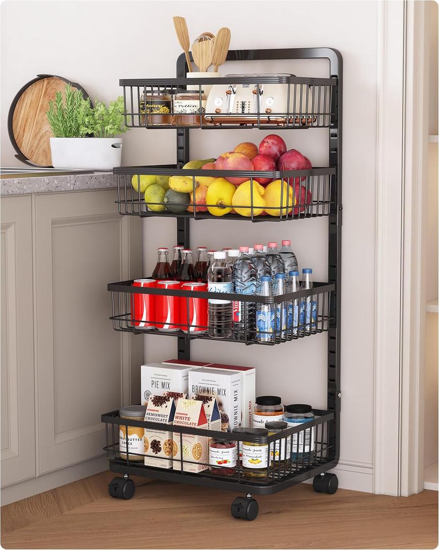 UMDONX 4-Tier Kitchen Storage Cart Metal Snack Cart Adjustable Fruit Basket on Wheels Stand Baskets for Potato Onion Produce Black