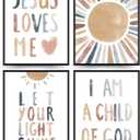PLKMN Nursery Decor Set - Jesus Loves Me Wall Art Prints, Boho Kids Art, Bible Verses Wall Art for Kids, Christian Decor for Sunday School, 4x 12x16 Inch (Unframed)