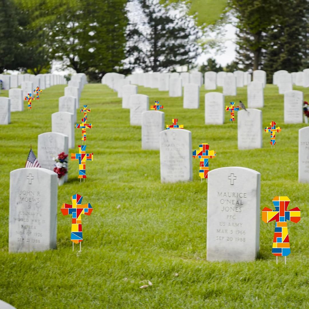 12 Pcs Memorial Cross for Cemetery Grave Stake Religious Bright Cross Yard Signs He is Risen Outdoor Decorations for Memorial Day Veterans Cemetery Headstones Grave Decor