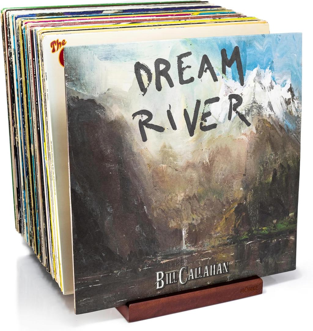 Premium Vinyl Record Stand - a Mid-Century Style Record Holder for Albums, 50-60 LP Capacity - with a Now-Playing Record Display Groove (Brown)