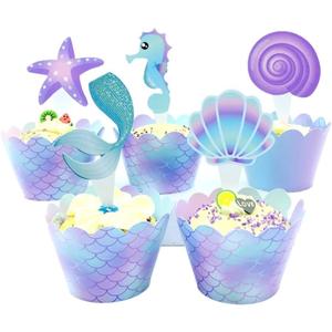 40 Pcs Mermaid Cupcake Wrappers Toppers, Include 20pcs Cake Topper and 20pcs Wrappers Double Side, Little Mermaid Theme Decoration, Under The Sea Birthday Baby Shower Party Favor