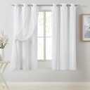 Bujasso White Full Blackout Curtain Panels with Sheer Overlay Mix and Match Double Layer Thermal Insulated Window Treatment Set for Living Room White Drapes with Tiebacks Grommet Top 37" Wx63 Lx2