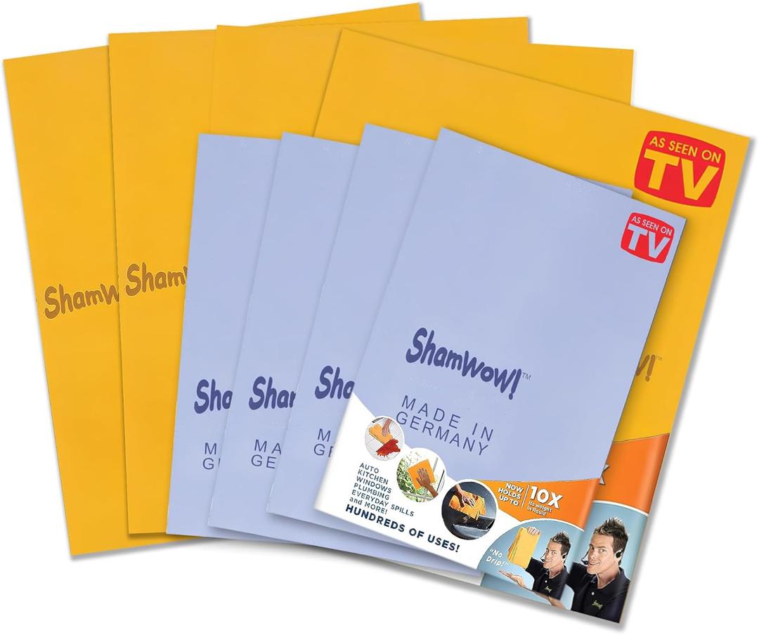 ShamWow Original Super Absorbent Multi-Purpose Cleaning Shammy Chamois Towel Cloth - Holds 10X its Weight in Liquid - Machine Washable - Will Not Scratch (8 Pack: 4 Large Orange & 4 Small Blue). ShamWow Original Super Absorbent Multi-Purpose Cleaning Shammy Chamois Towel Cloth - Holds 10X its Weight in Liquid - Machine Washable - Will Not Scratch (8 Pack: 4 Large Orange & 4 Small Blue).