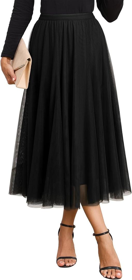 Happy Sailed Womens Tulle Skirt Elastic High Waisted A-Line Layered Flowy Long Skirts Date Night Outfit (Medium)