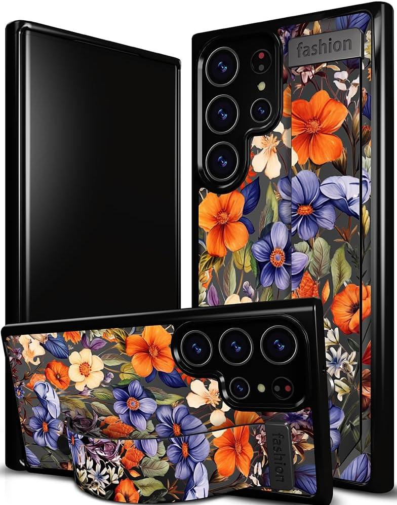 Compatible for Samsung Galaxy S24 Ultra Case Cute with Strap Stand Finger Kickstand, Designer Cool Silicone Cases Funda Cover - Brown Autumn Flowers Leaves