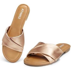 ATHMILE Sandals Women Dressy Summer Flat Comfortable Fashion Beach Cute Ladies Slides Leather Casual Dress Women's Sandals 2025 Size 9