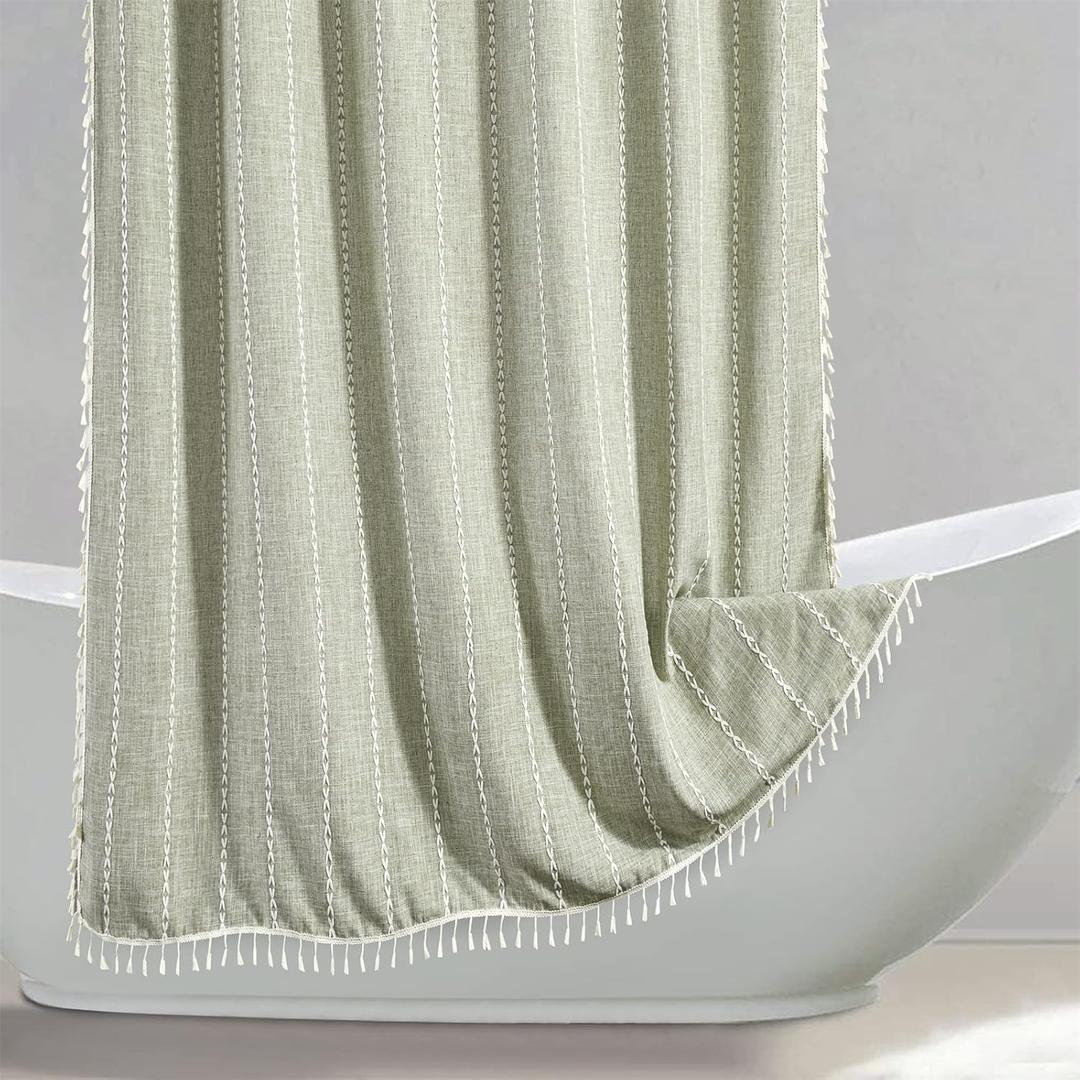 RoomTalks Green Modern Farmhouse Shower Curtain Extra Long 84 Inches, Country Cottage Bathroom Decor Striped Spring Boho Chic Texture Linen Bohemian Bathroom Shower Curtain Set with Hooks