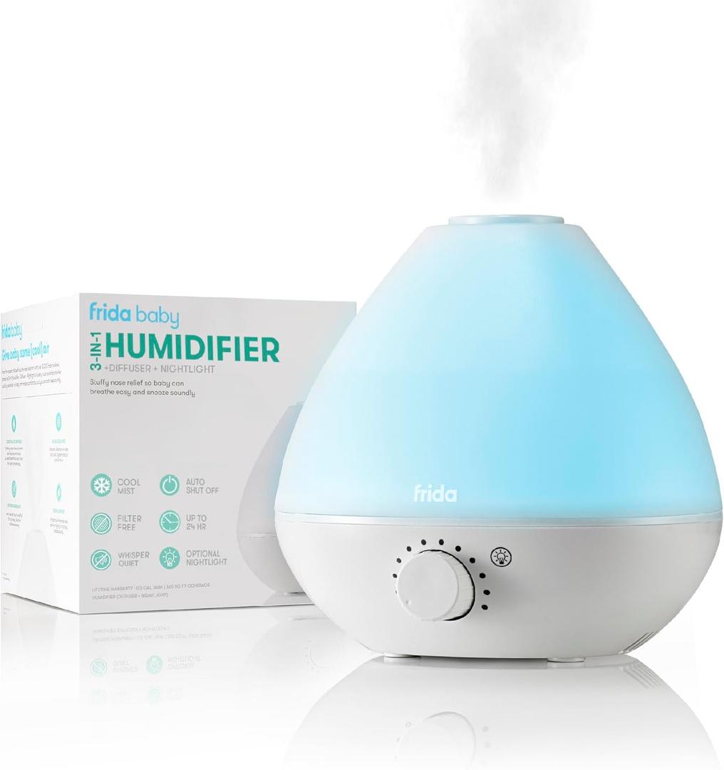 Frida Baby 3-in-1 Cool Mist Humidifier for Large Rooms, Top Fill Humidifier for Bedroom, Allergy Relief, 60 Hour Runtime + Nightlight, Auto Shut-Off, Quiet, Carry Handle, Essential Oil Diffuser