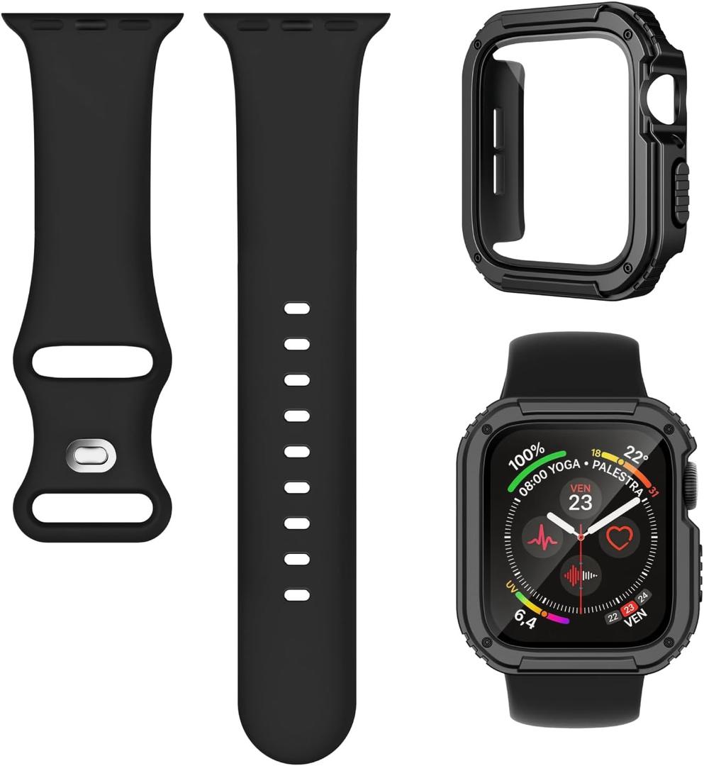 2 x 3-in-1 Silicone Band and Rugged Case Compatible for Apple Watch Bands 44mm 45mm 46mm 42mm 40mm 41mm, Sport Strap and Protective Cover with Screen Protector for iWatch Series 11 10 9 8 7 6 5 4 SE3