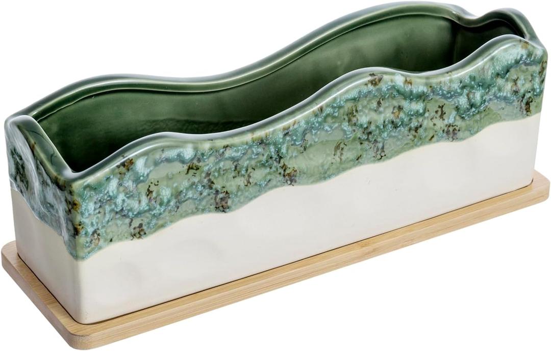 MyGift 13 Inch Large Rectangular Succulent Planter, Decorative Seafoam Green Glazed Beige Ceramic Indoor Plant Container Pot with Removable Bamboo Tray