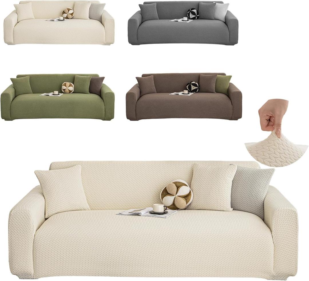 Stretch Couch Covers, Couch Covers for 3 Cushion Couch Sofa pet Friendly, Washable, Furniture Protector Sofa with Elastic Bottom for Cats, Dogs (Wheat Ear Style - Beige, 3 Seats)