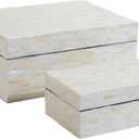 PEMAR Set of 2 Mother of Pearl Decorative Boxes w Lids, Handmade Mosaic Keepsake Jewelry Box Rectangular Treasure Chest, Shelf Decorative Wooden Box for Memory Tea Bags Coffee Accessories (White)
