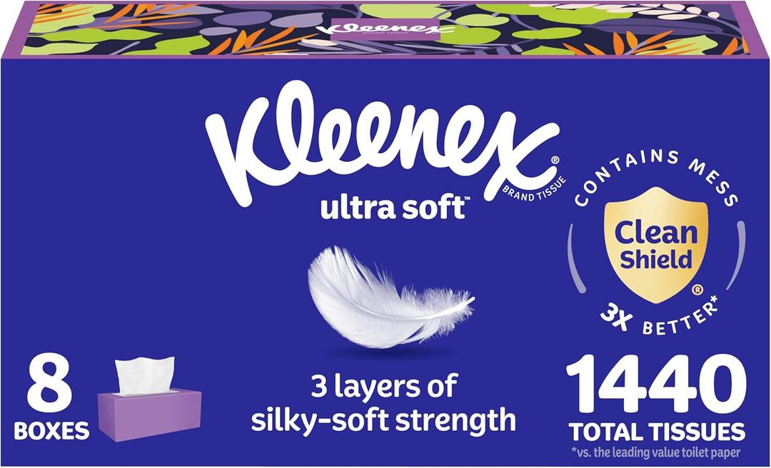 Kleenex Ultra Soft Facial Tissues, 8 Flat Boxes, 180 Tissues per Box, 3-Ply, Packaging May Vary (White)
