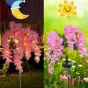2Pack Artificial Fall Wisteria Solar Powered Lights Flowers Bed Outdoor Waterproof for Grave Cemetery Outside Table Floral Arrangement Halloween Pathway Sidewalk Garden Gift Decoration Pink