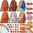 Sadnyy 140 Pcs Basketball Party Favors Birthday Party Decorations Supplies Basketball Drawstring Bags with Silicone Bracelets Keychains Straws Button Pins Stickers for Goodie Bags Stuffers