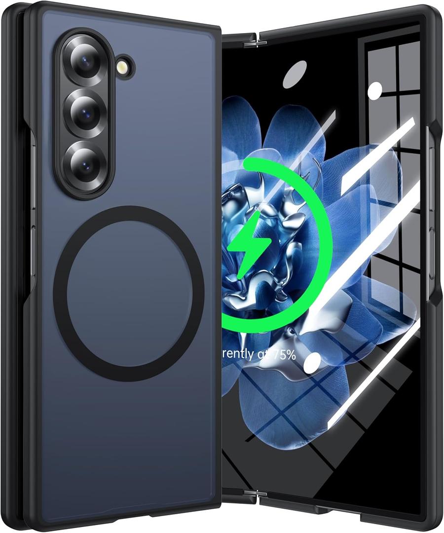 Magnetic for Samsung Galaxy Z Fold 6 Case Compatible with MagSafe [Fast Wireless Charging][Anti-Fingerprint][Military Shockproof] Translucent Matte Silicone Bumper for Z Fold 6 Phone Case, Black
