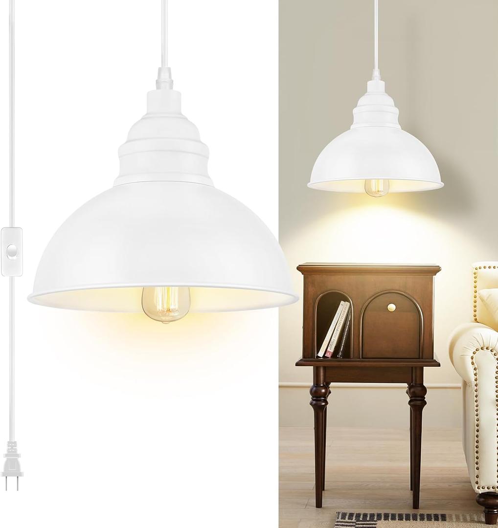 Plug in Pendant Light, 15FT Hanging Lights, On/Off Switch, Industrial Pendant Light with Plug in Cord, Metal Hanging Lamps for Living Room, Kitchen, Dining Room White