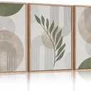 HPINUB Sage Green Boho Framed Canvas Wall Art Set, Minimalist Beige Green Botanical Wall Decor, Abstract Geometric Line Leaf Canvas Painting for Living Room, Bedroom, Dining Room, Office Decor-24"x36"x3