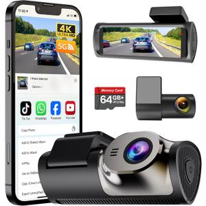 Dash Cam Front and Rear, 3" IPS Dash Camera for Cars, Car Camera 4K Front & 1080P Rear, 5GHz WiFi&APP dashcams, G-Sensor, Night Vision, 24/ 7 Parking Monitoring, Loop Recording, free64GB, Wide Angle Car DVR