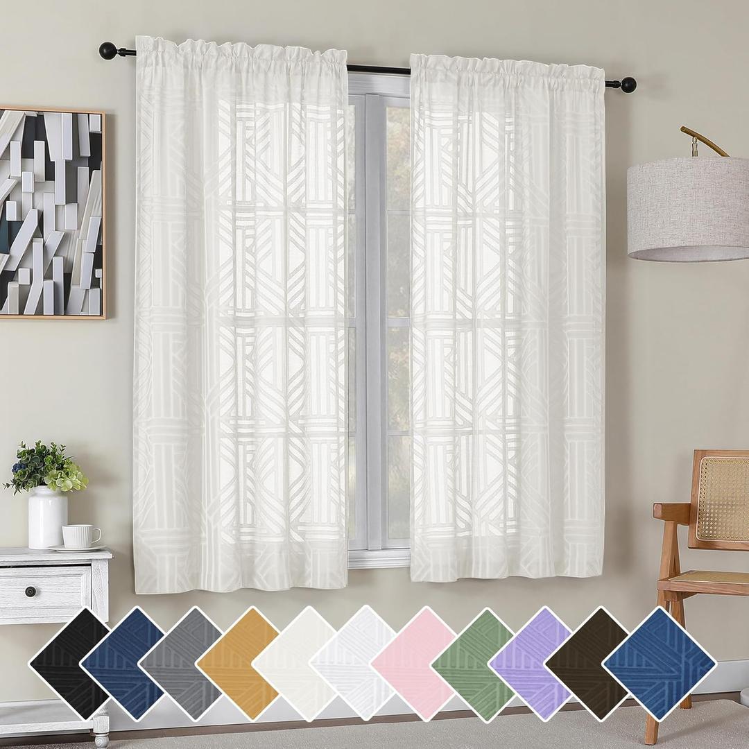 Simplebrand Ivory Semi Sheer Curtains 63 Inch Length 2 Panels, Light Filtering Geometric Jacquard Clip Textured Short Sheer Curtains for BedroomModern Elegant Window Curtains Drapes42x63 inch