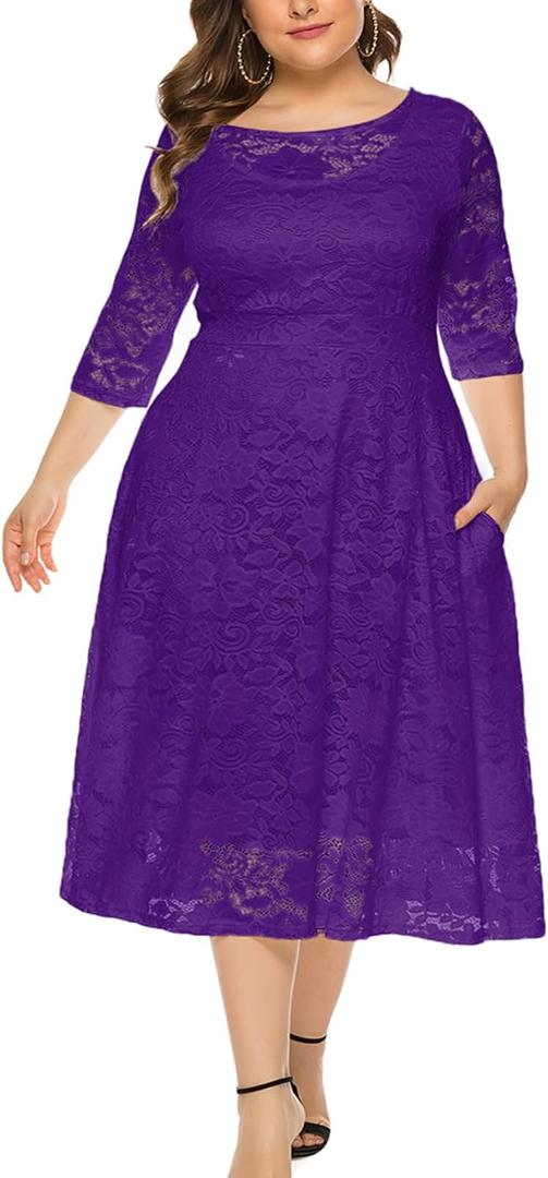 Eternatastic Womens Floral lace Plus Size Midi Dress Scooped Neckline Cocktail Party Dresses (3X-Large, Purple-134)
