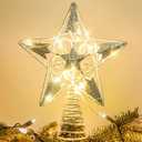 Brizled Silver Star Tree Topper Lights, 8"Hollow-Out Christmas Star Treetop with 20 LED Warm White Lights, Battery Powered Christmas Tree Top Star for Xmas Tree Indoor Party Home Office Decoration