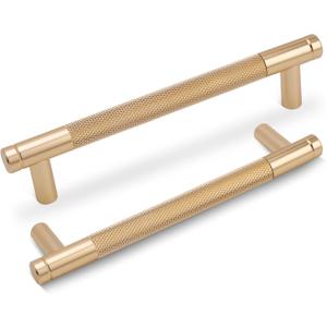 5 Pack Knurled Cabinet Pulls 3 Inch (76mm) Hole Center Kitchen Cabinet Handles Polished Gold for Drawer Dresser, Cupboard and Wardrobe Aluminum Hardware KL-PG76-5