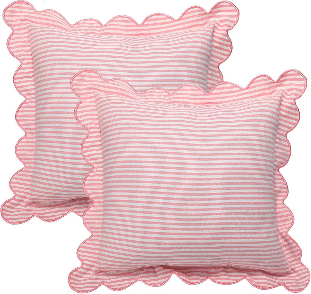 Newwiee 2 Pack Scalloped Pink Pillow Cover 18 x 18 Inch Pink Stripe Throw Pillow Cover Cotton Decorative Pillowcase for Women Men Couch Living Room Cushion Indoor Outdoor Decoration