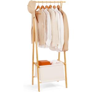 Bamboo Clothes Rack with Storage Box, Portable Extra Large Garment Rack Clothing Rack, Foldable Wardrobe For Entryway and Bed Room (S)