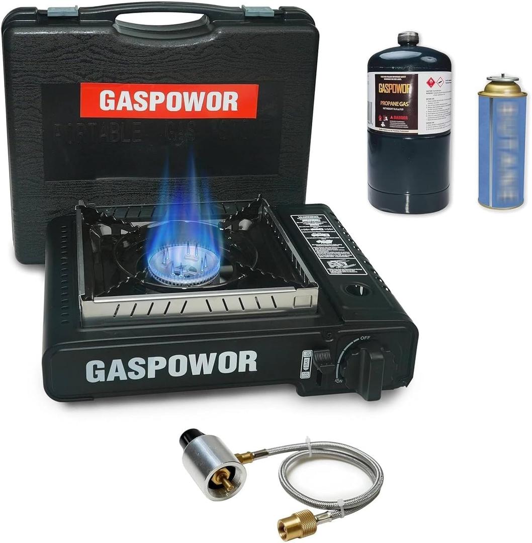 Propane or Butane Stove with Windblocker, 10,000 BTU Dual Fuel Propane Stove for Camping, Automatic Ignition Gas Portable Stove with Propane Adapter Hose Carrying Case for Outdoor (Fuel Not Included)