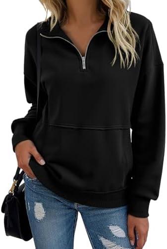 SHEWIN Womens Sweatshirt Casual Half Zip Pullover Solid Long Sleeve Tops Quarter Zip Sweatshirts Trendy Fall Outfits Clothes 2025, US 8-10(M), Black
