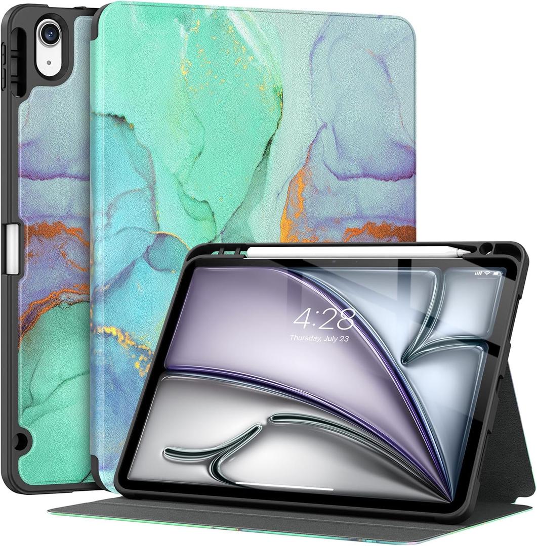 Supveco Case for iPad Air 11 Inch (M4 2026/M3 2025/M2 2024),iPad Air 5th/4th Generation 10.9 Inch 2022/2020 with Pencil Holder-[Auto Wake/Sleep],Premium Folio Stand Soft TPU Back Cover-Green Marble