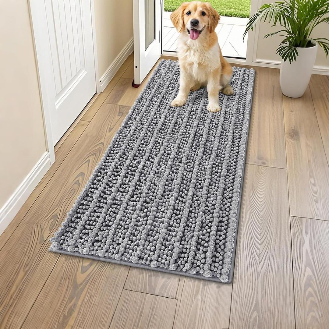 Smiry Dog Door Mat for Muddy Paws 47x24, Extra Soft Absorbent Chenille Doormat, Trap Moisture and Dirt, Non-Slip Machine Washable Front Door Mat for Indoor Entrance Inside Floor, Grey