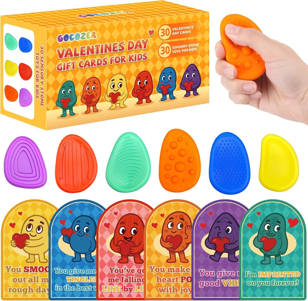 Gocozer 30Pack Valentines Day Gifts Cards for Kids School with Fidget Toys Sensory Stone ,Fidget Soft Worry Stone Sensory Valentines Toys with Autism Class, Kids Valentines Cards Exchange Gift