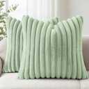 Simmore Faux Fur Euro Sham Couch Throw Pillow Covers 22x22 Set of 2, Decorative Soft Striped Plush Pillow Covers with Velvet Back for Sofa Bed Living Room, Sage Green