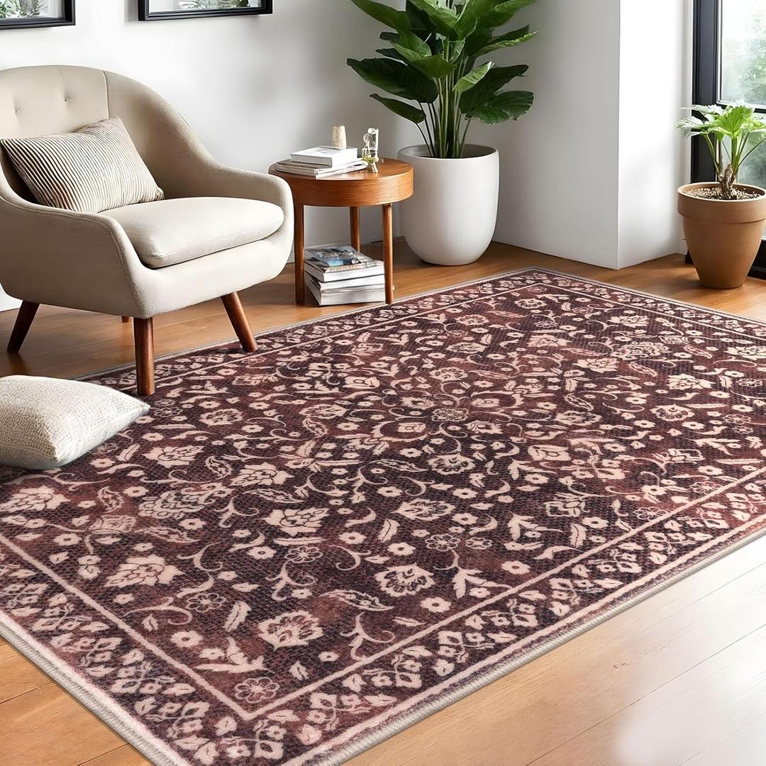 Vintage 4x6 Area Rug, Burgundy Entryway Rug Non-Slip, Washable Living Room Rug Thin Printed Faux Wool Floor Super Soft Carpet Throw Rugs for Bedroom Dining Room Indoor Office (Warm Burgundy Brown)